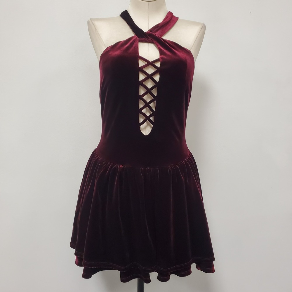 Current Mood Womens Tie Neck Sleeveless Velvet Vampire Dress Size S Maroon Goth‎